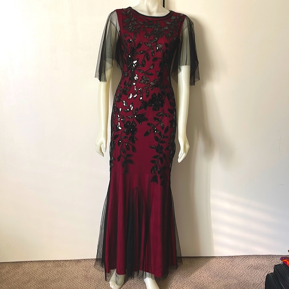 Dark Red and Black Floral Beaded Evening Gown